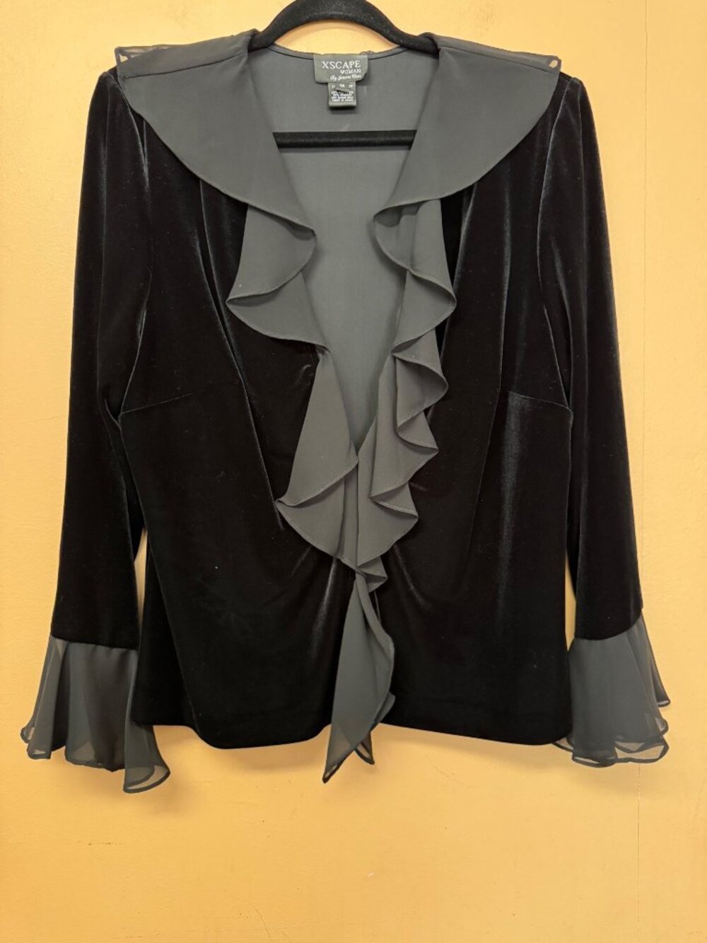 Y2K Xscape 1X Black Velvet Chiffon Ruffle Open Front Jacket Whimsigoth Fairy